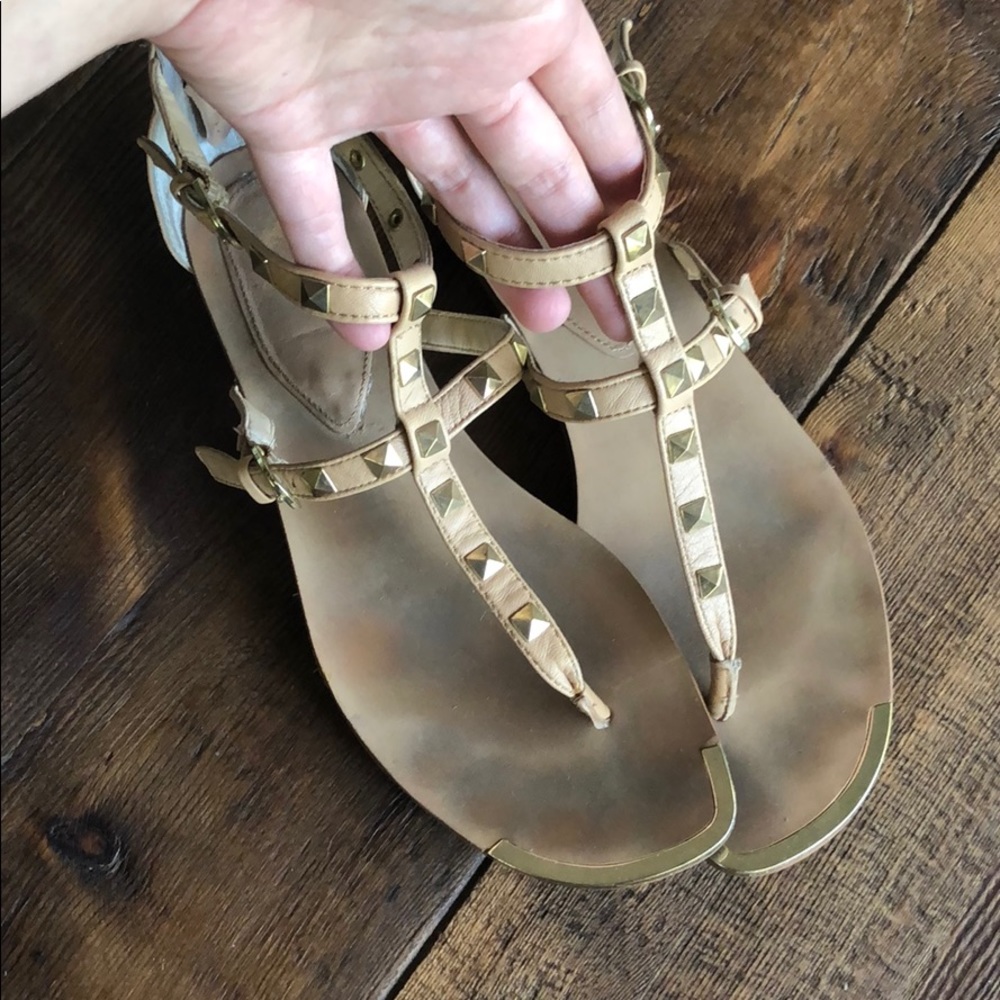 Nude gold studded t-strap sandals